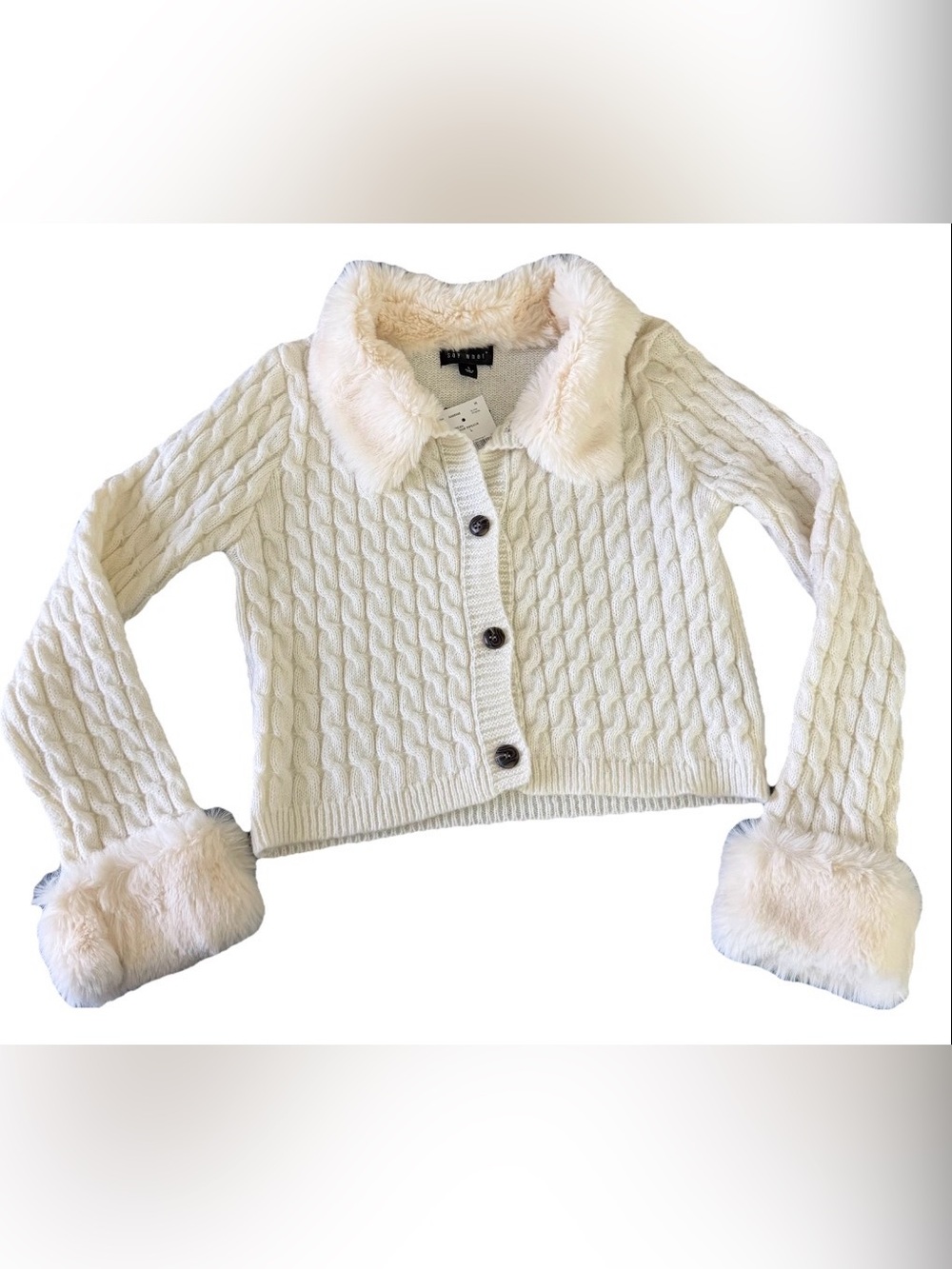 Cream Cable Knit Faux Fur Trim Crop Cardigan